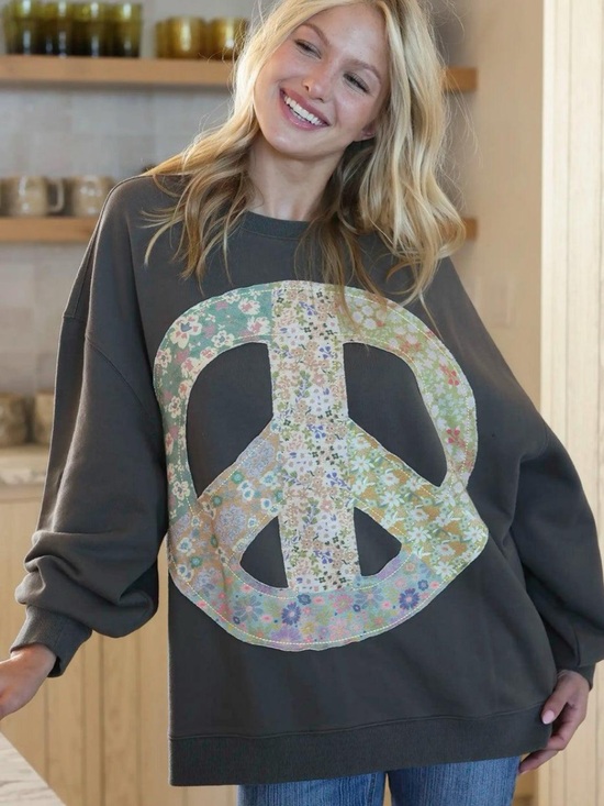NATURAL LIFE Sweaters - Natural Life Peace Sign Floral Appliqué Oversized Sweatshirt L/XL NWT